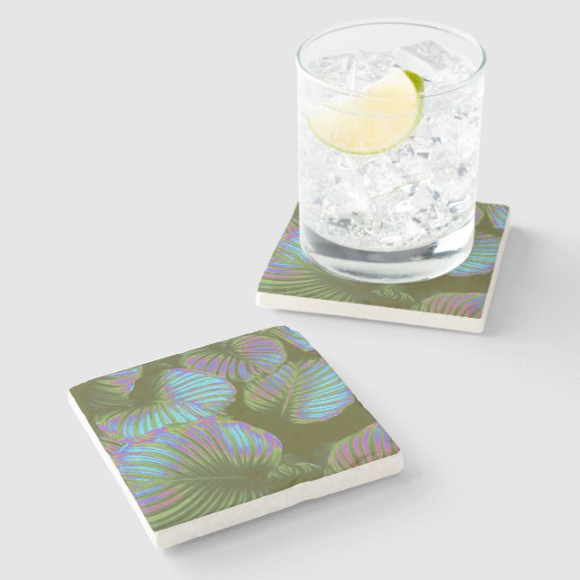 Rainbow Tropical Leaves Stone Coaster (Side)