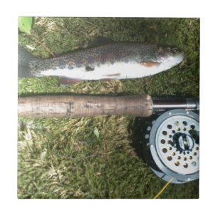 rainbow trout and fly fishing reel tile
