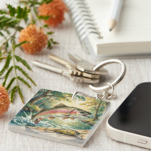 Rainbow trout jumping in forest stream watercolor keychain