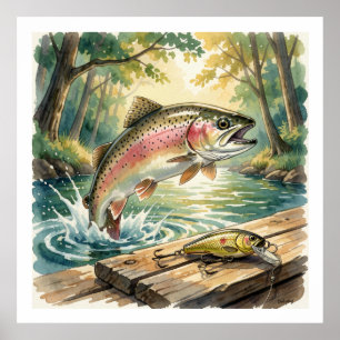 Rainbow trout jumping in forest stream watercolor poster