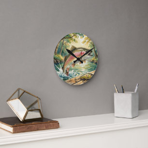 Rainbow trout jumping in forest stream watercolor round clock