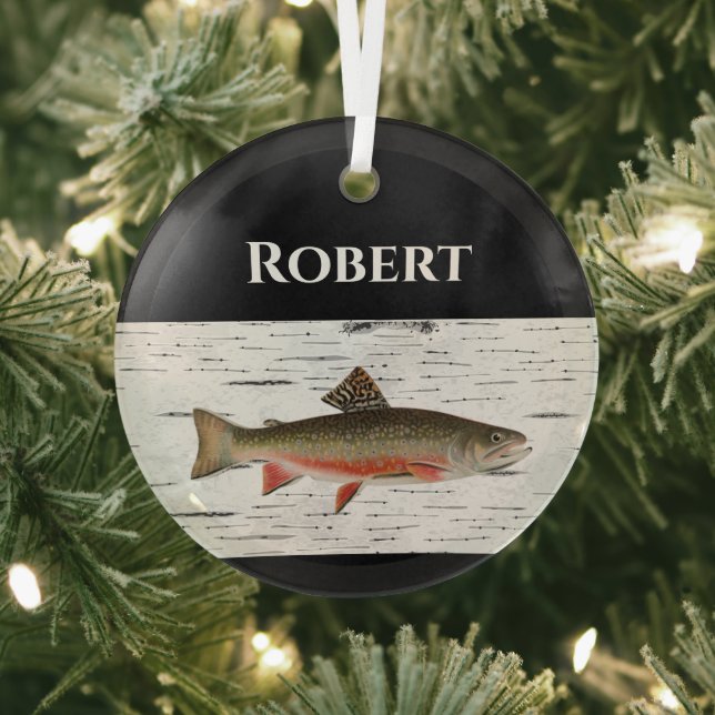 Rainbow Trout Rustic Aspen Bark Background, Trout  Glass Ornament (Insitu)
