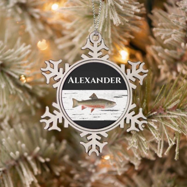 Rainbow Trout Rustic Aspen Bark Background, Trout  Snowflake Pewter Christmas Ornament (Tree)