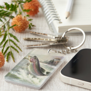 Rainbow Trout, Vintage Fisherman Fishing for Fish Keychain
