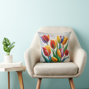 Rainbow Tulip Bouquet Throw Pillow
