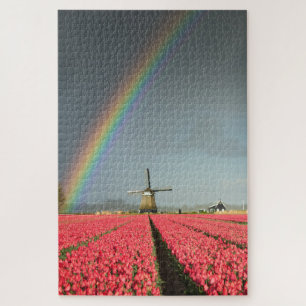 Rainbow, tulips and windmill in Holland Jigsaw Puzzle