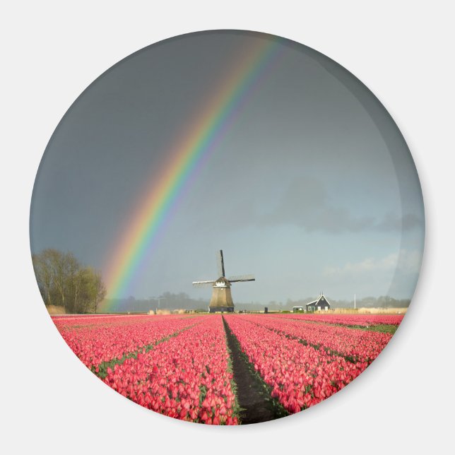 Rainbow, tulips and windmill round magnet (Front)