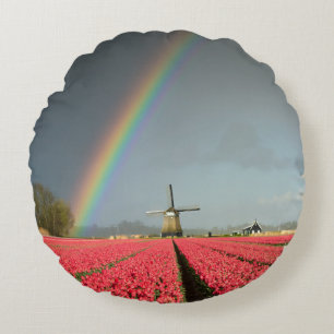 Rainbow, tulips and windmill round pillow