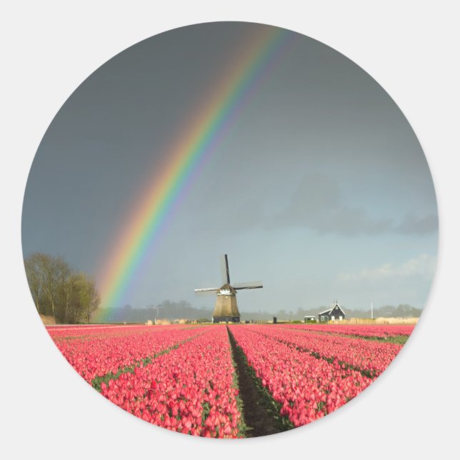 Rainbow, tulips and windmill round sticker (Front)