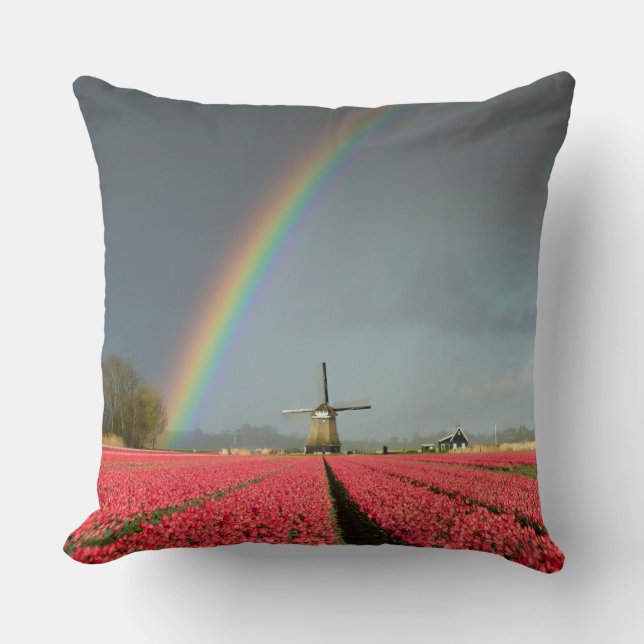 Rainbow, tulips and windmill throw pillow (Front)