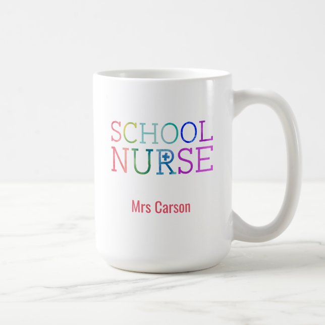 Rainbow Typography School Nurse Personalized Coffee Mug (Right)