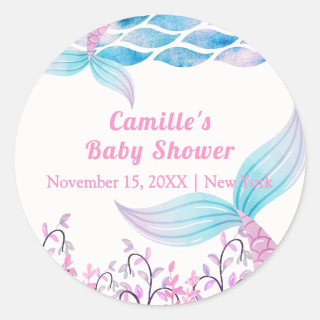Rainbow Under Sea Mermaid Tail Baby Shower Classic Round Sticker (Front)