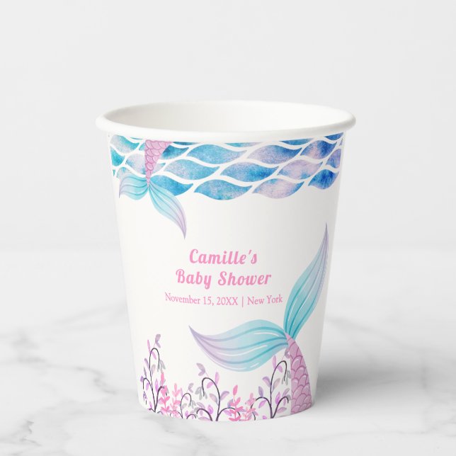 Rainbow Under Sea Mermaid Tail Baby Shower Paper Cups (Front)