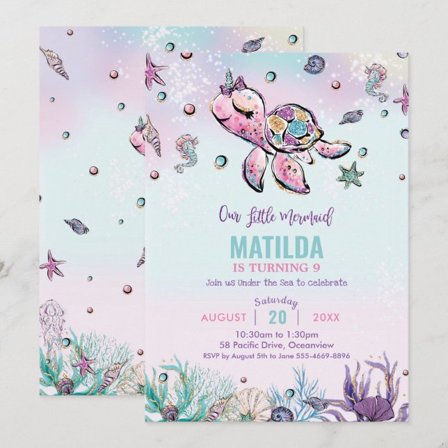 Rainbow Under the Sea Turtle Coral Birthday Party Invitation (Front/Back)