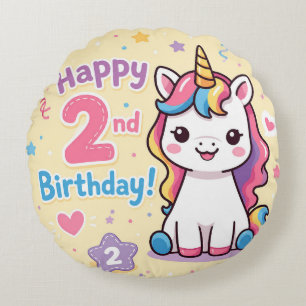 Rainbow Unicorn 2nd Birthday Celebration Round Pillow