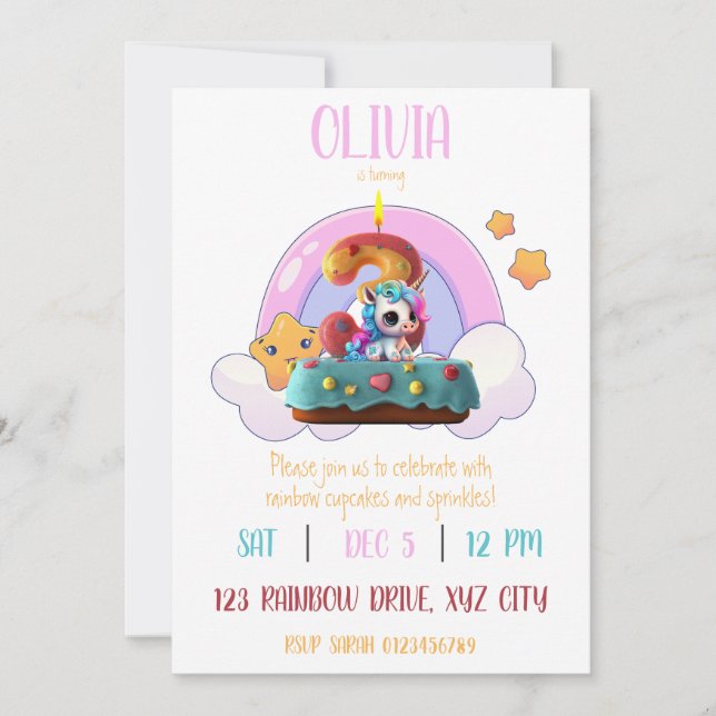 Rainbow Unicorn 3rd Birthday Party Cupcake Invitation (Front)
