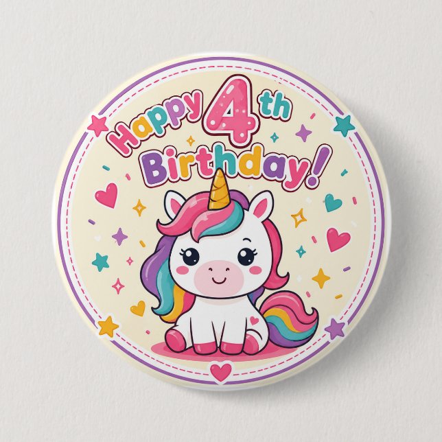 Rainbow Unicorn 4th Birthday Magic Paper Plate 3 Inch Round Button (Front)