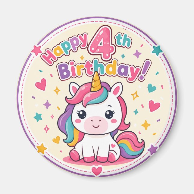 Rainbow Unicorn 4th Birthday Magic Paper Plate Magnet (Front)