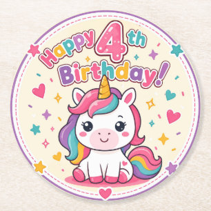 Rainbow Unicorn 4th Birthday Magic Paper Plate Round Paper Coaster