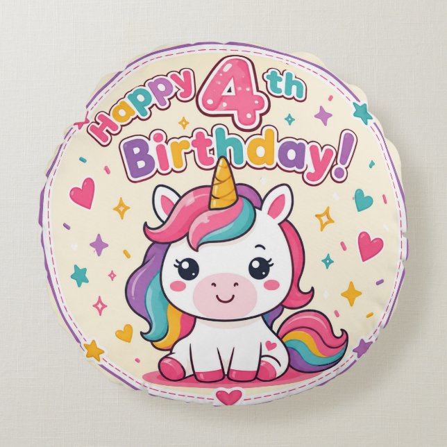 Rainbow Unicorn 4th Birthday Magic Paper Plate Round Pillow (Front)