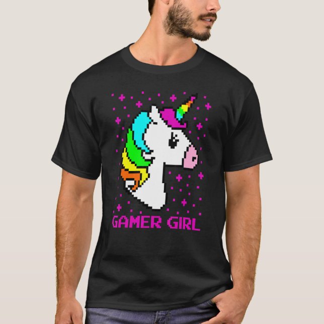 Rainbow Unicorn 8 Bit Gamer Girl Gaming Video Game T-Shirt (Front)