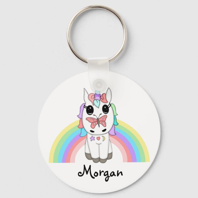 Rainbow Unicorn and Butterfly Personalized Keychain (Front)