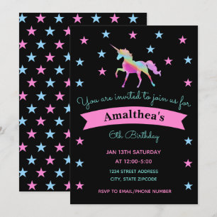 Rainbow Unicorn And Stars Birthday Invitation