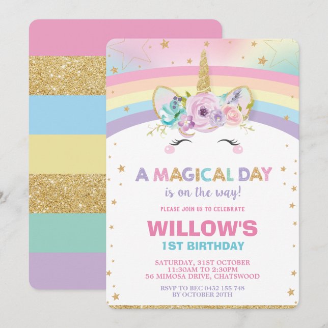Rainbow Unicorn Anniversaire Invitation 1er Annive (Devant / Derrière)
