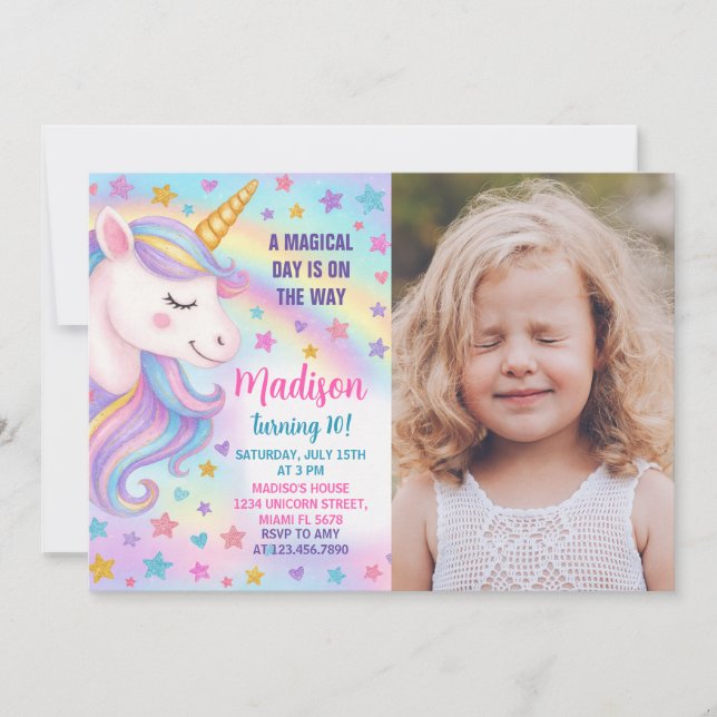 Rainbow Unicorn Anniversaire Invitation avec photo (Devant)