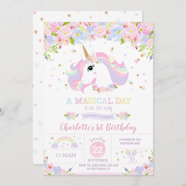 Rainbow Unicorn Anniversaire Invitation Plutôt Flo (Devant / Derrière)