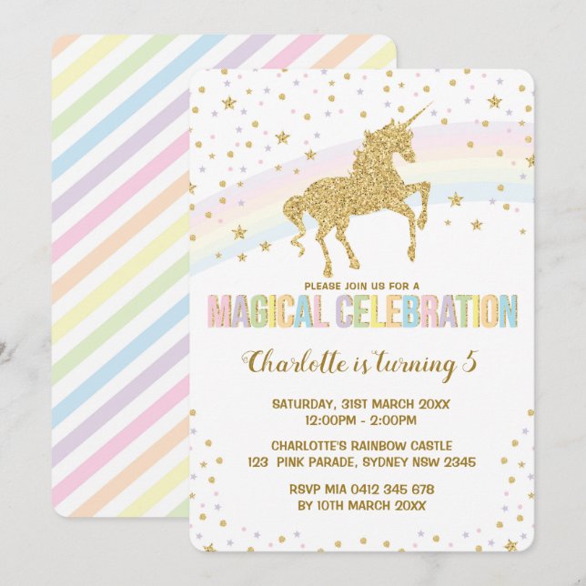 Rainbow Unicorn Anniversaire Invitation Twinkle St (Devant / Derrière)