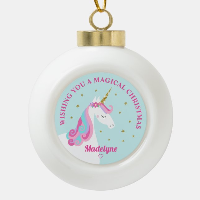 Rainbow Unicorn Aqua Personalized Christmas Ceramic Ball Christmas Ornament (Front)