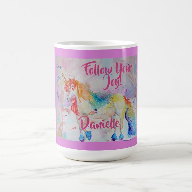 Rainbow Unicorn Aquarelle Enfants Nom Mug (Centre)