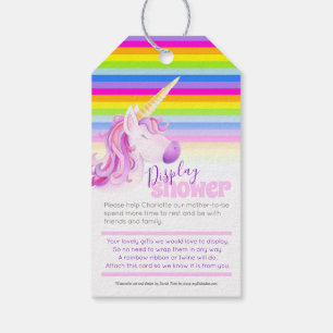Rainbow unicorn art baby shower display gifts tags