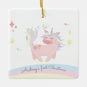 rainbow unicorn baby first christmas photo ceramic ornament