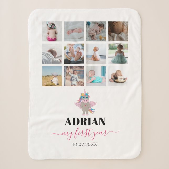 Rainbow Unicorn Baby Girl First Year Photo Collage Sherpa Blanket (Front)