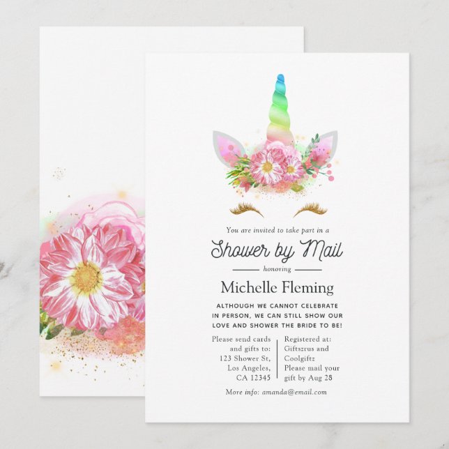 Rainbow Unicorn Baby Shower by Mail Invitation (Front/Back)