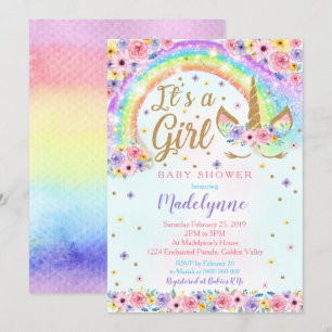 Rainbow Unicorn Baby Shower Invitation Girl
