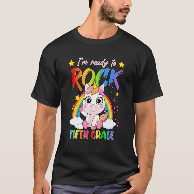 Rainbow Unicorn Back To School Ready To Rock Fifth T-Shirt (Front)