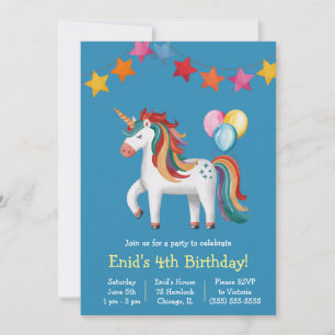 Rainbow Unicorn, Balloons & Banner Birthday Party Invitation