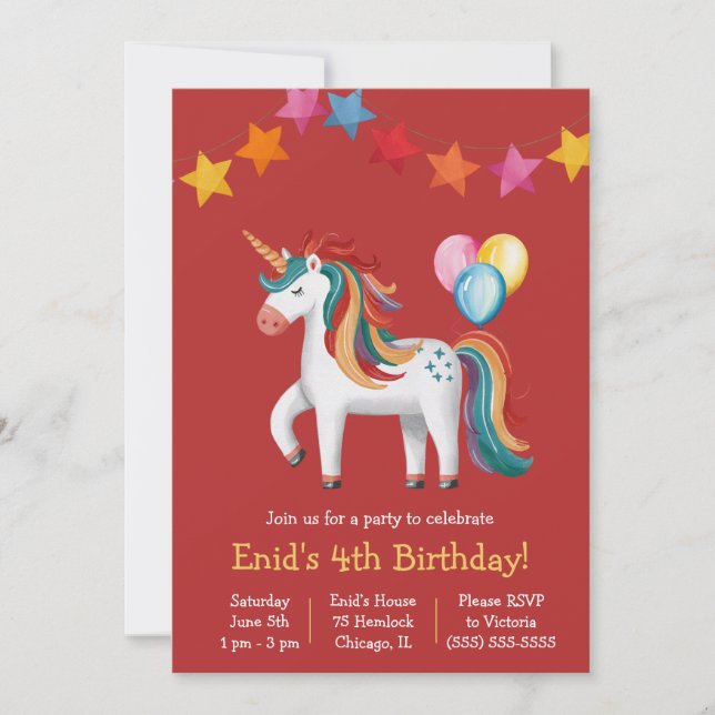 Rainbow Unicorn, Balloons & Banner Birthday Party Invitation (Front)