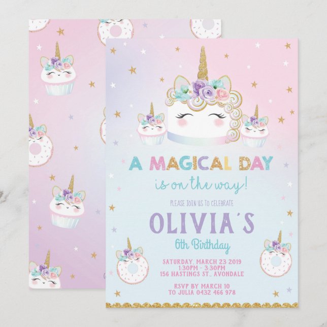 Rainbow Unicorn Birthday Cake Invitation Cupcake (Devant / Derrière)