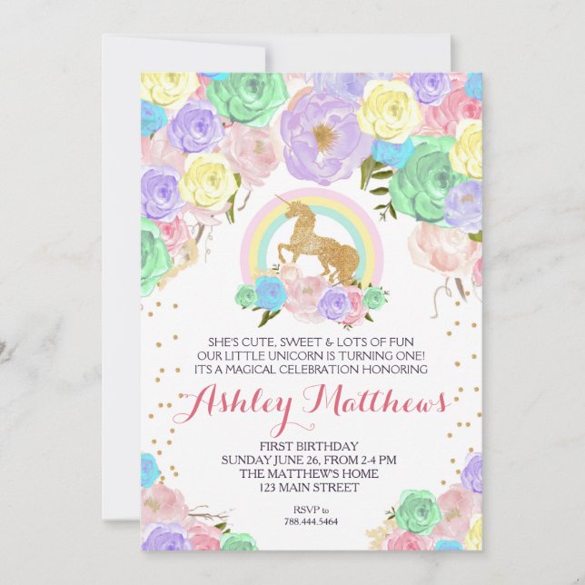 Rainbow Unicorn birthday FIRST Floral Invitation, Invitation (Front)