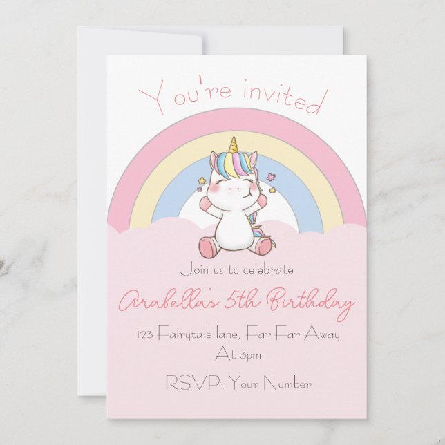 rainbow unicorn birthday invitation (Front)