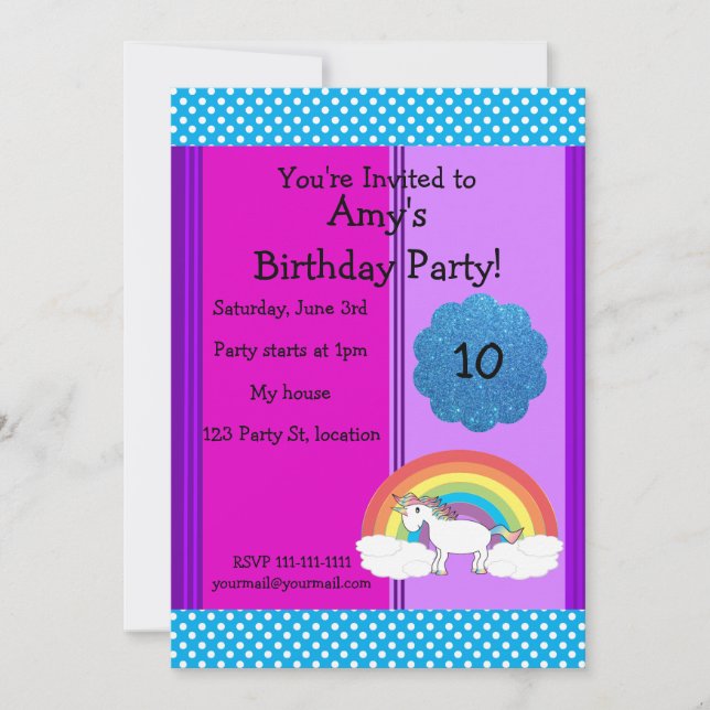 Rainbow unicorn birthday invitation (Front)