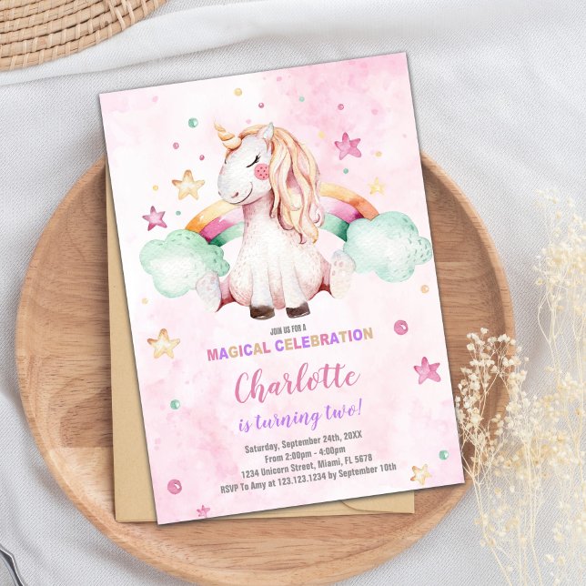Rainbow Unicorn Birthday Invitation (Green Cloud Rainbow Unicorn Cards)