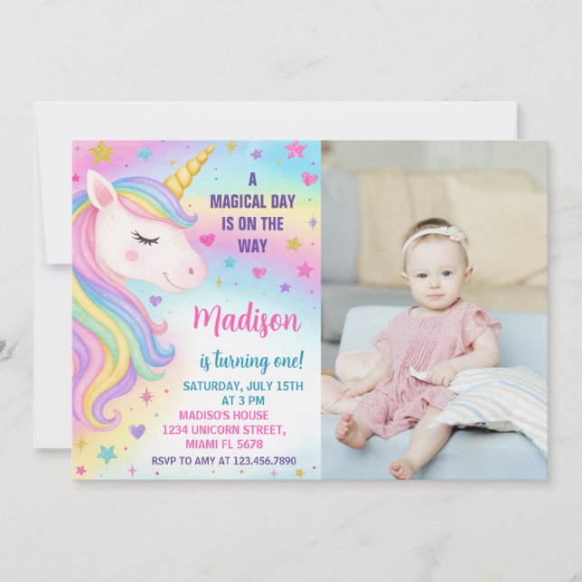Rainbow Unicorn Birthday Invitation (Front)