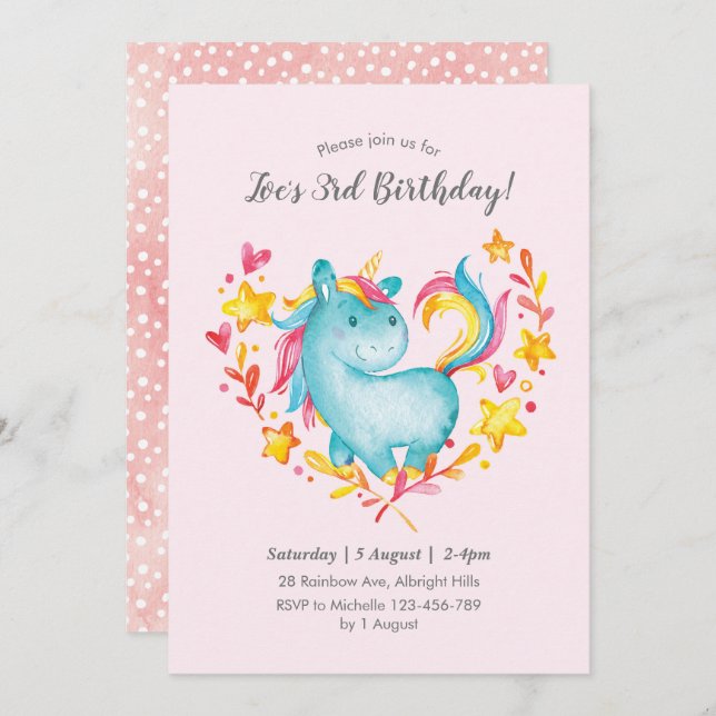 Rainbow Unicorn Birthday Invitation for kids (Front/Back)