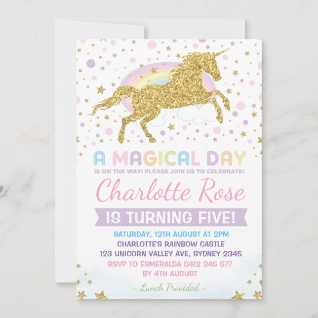 Rainbow Unicorn Birthday Invitation Party Invites (Front)