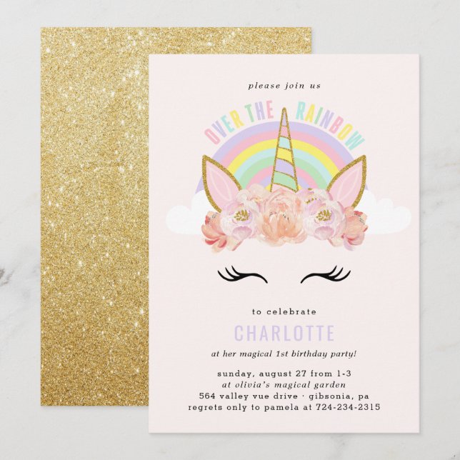 Rainbow Unicorn Birthday Invitation Pink Gold (Front/Back)